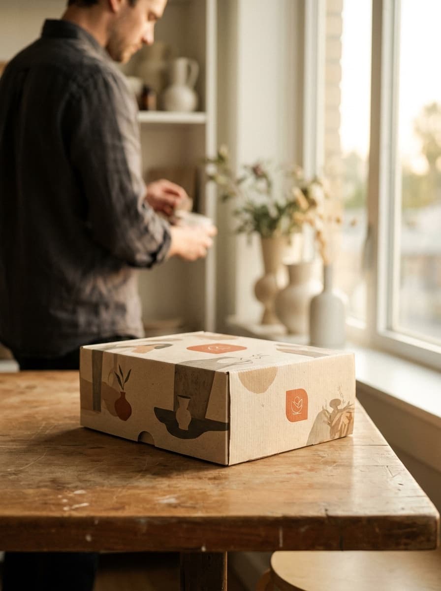 Brand artwork applied to a product box on a studio table