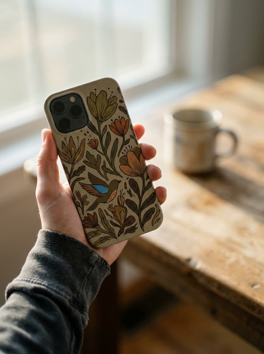 Illustration rendered on a phone case held in a hand