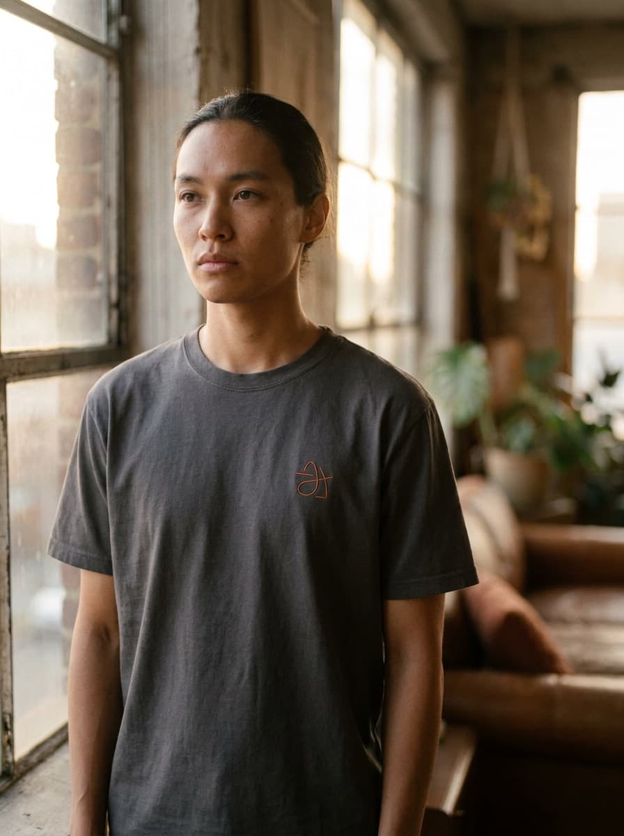 Logo design rendered on a t-shirt worn by a model