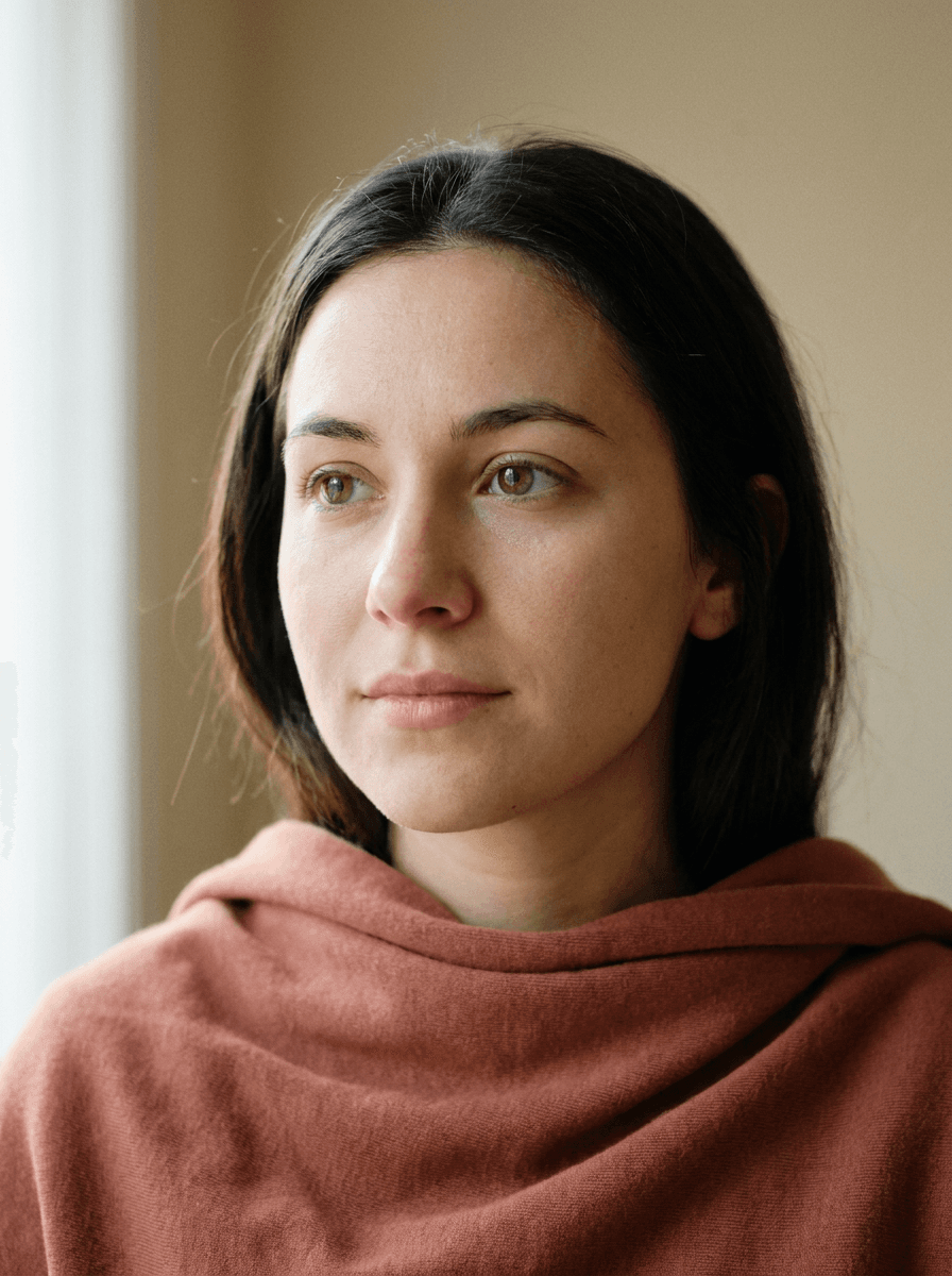 Beauty portrait with even, natural-looking skin and visible pores after retouching