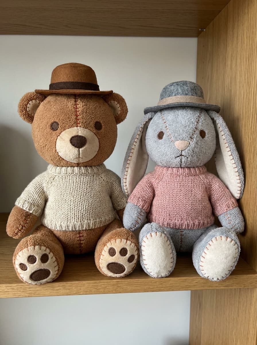 Two friends rendered as a matching pair of plush toys