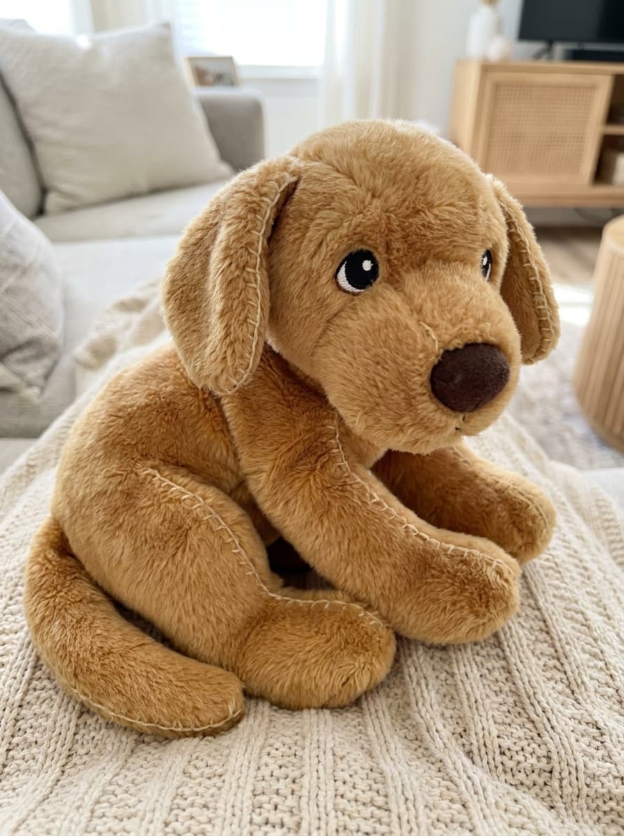 Dog transformed into a cuddly plush toy in the same pose