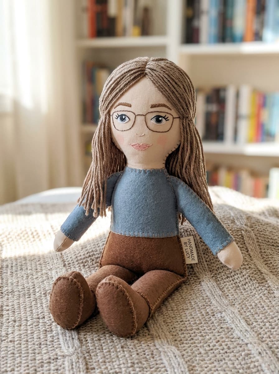Person re-rendered as a soft plush toy version of themselves
