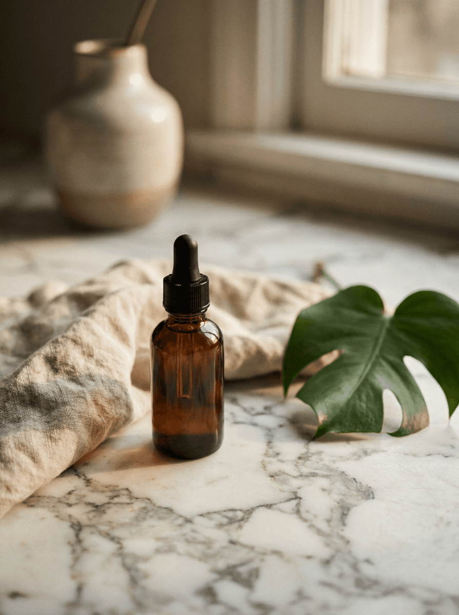 Serum bottle staged on a veined marble counter in soft light