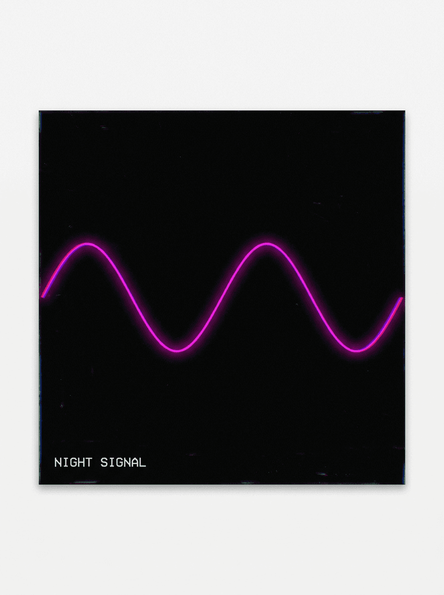 Minimal black square cover with a glowing magenta sine wave and small monospaced title text