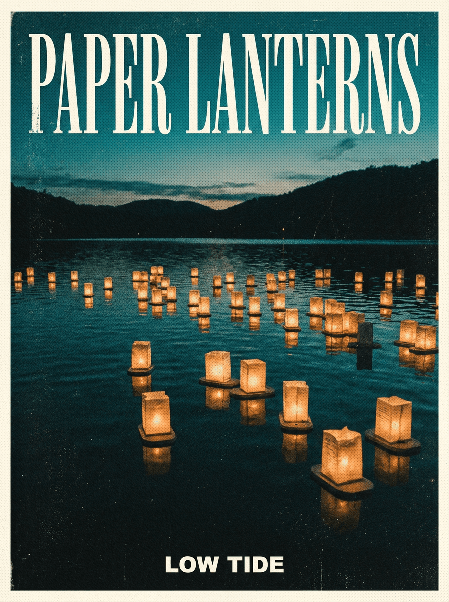 Square indie album cover with paper lanterns over a dark lake in teal and amber duotone