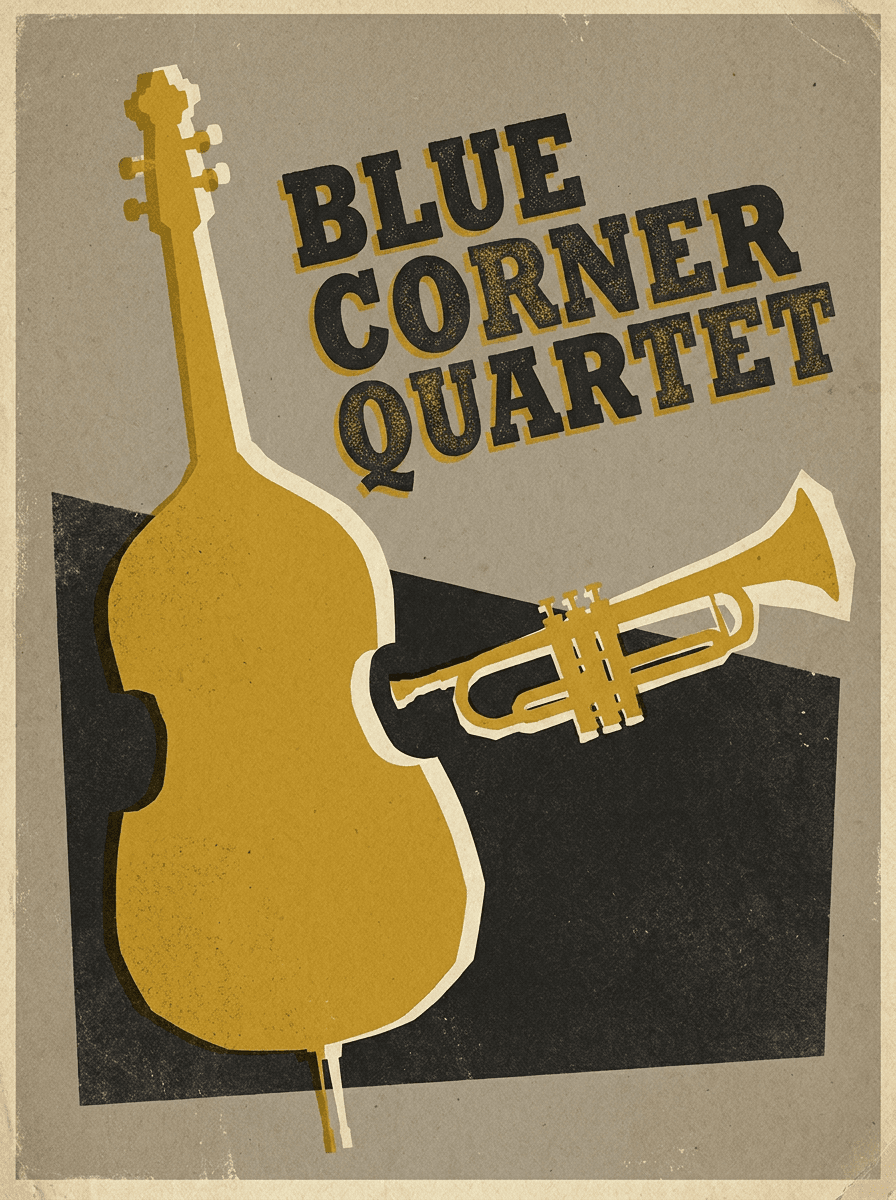 Mid-century style jazz cover with cut-paper instrument shapes in mustard, cream, and charcoal