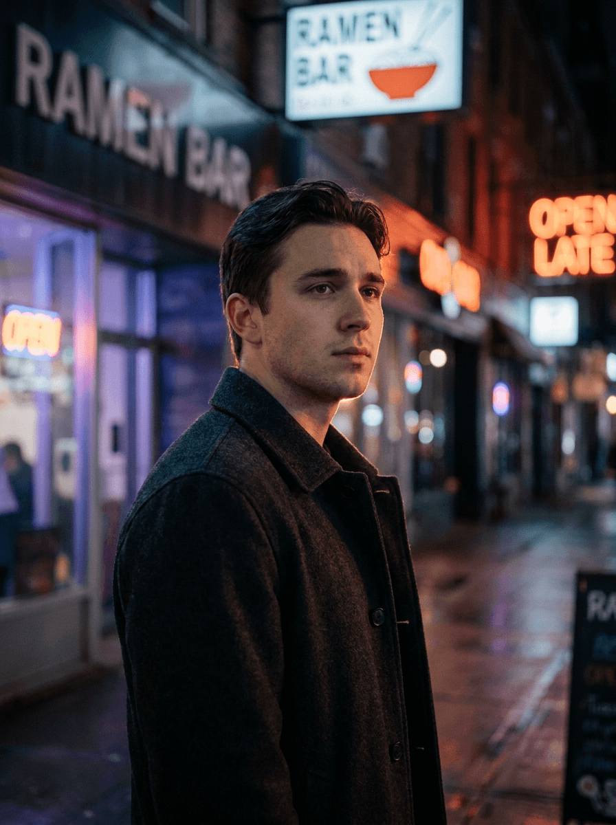 Subject placed against a neon-lit city street at night