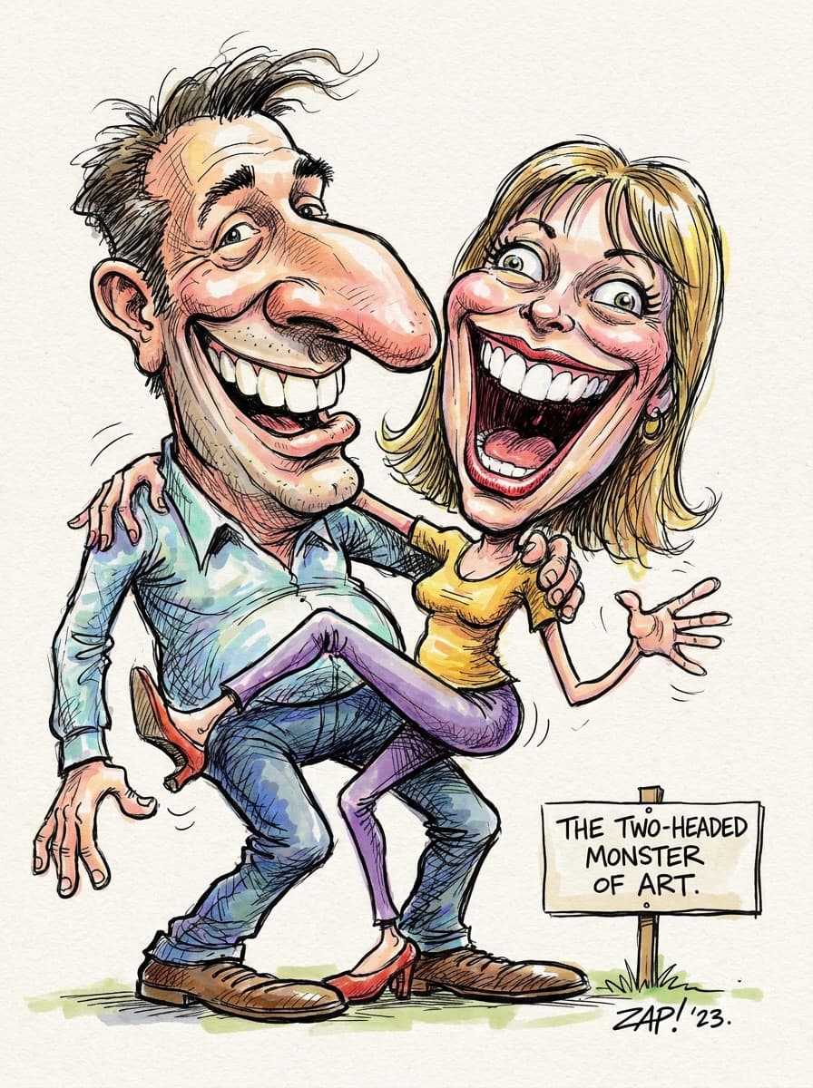 Caricature of two people together in one drawing