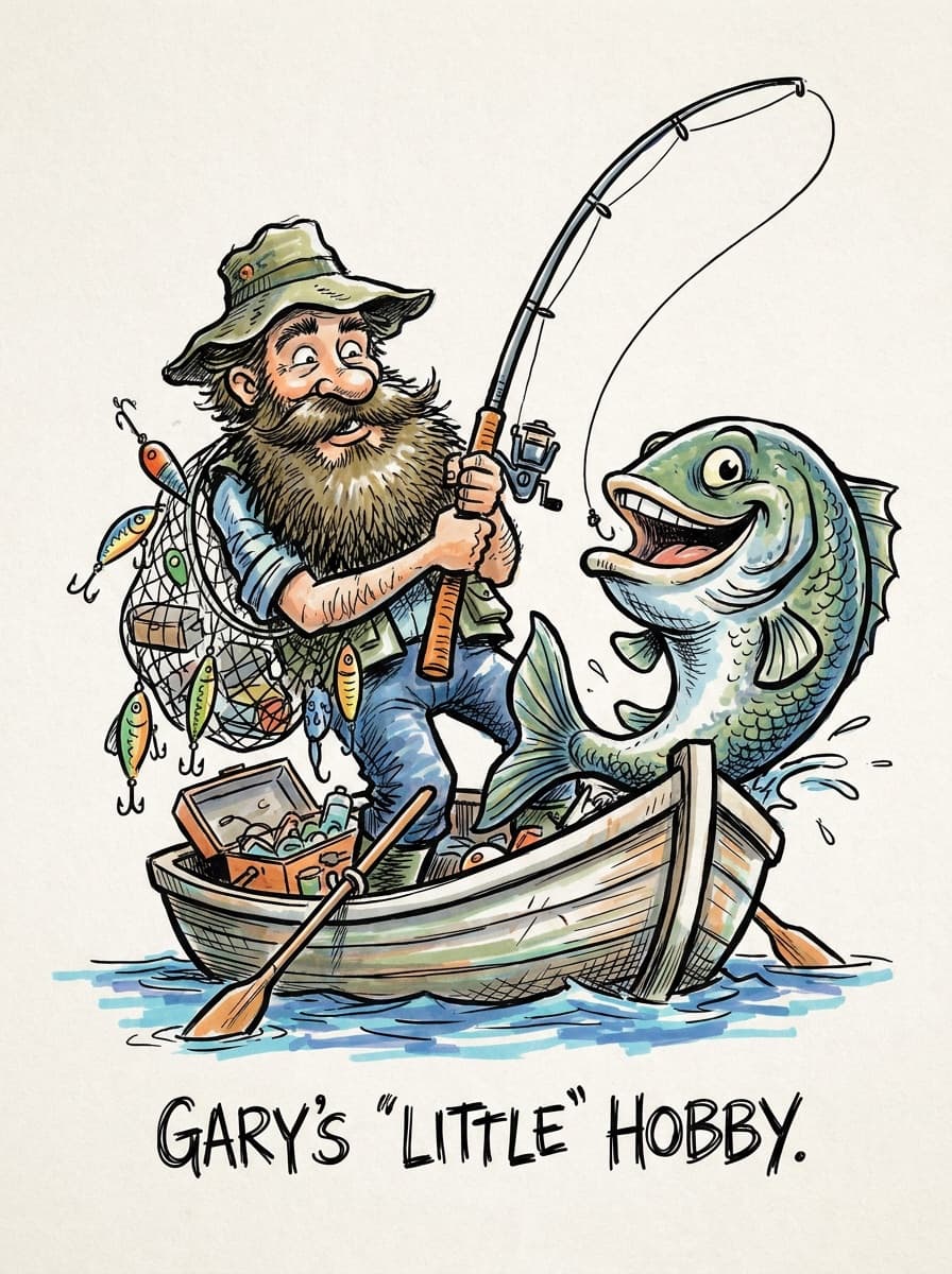 Caricature of a subject with their hobby exaggerated in the scene