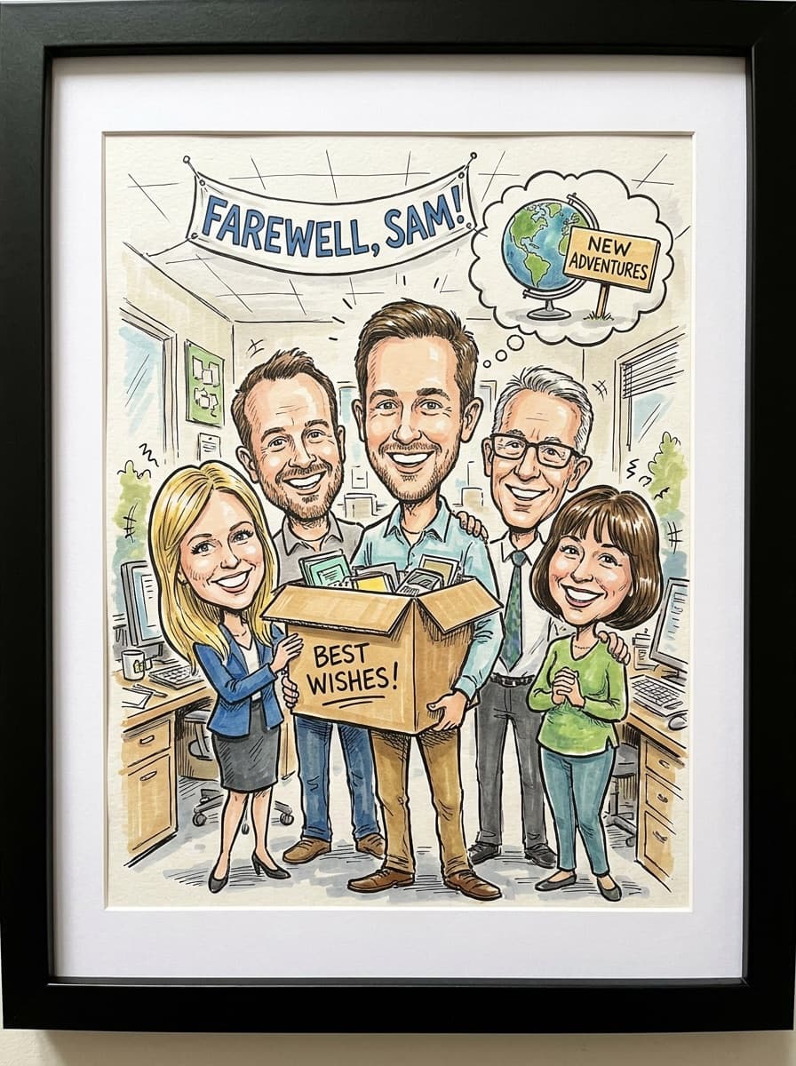 Friendly workplace caricature suitable for a leaving gift