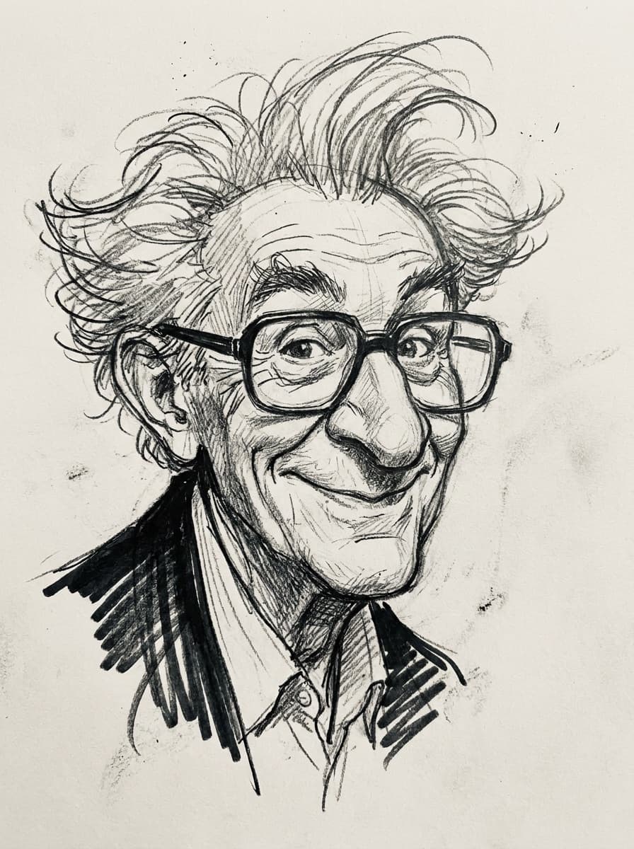 Pencil-sketch style caricature drawing of a portrait