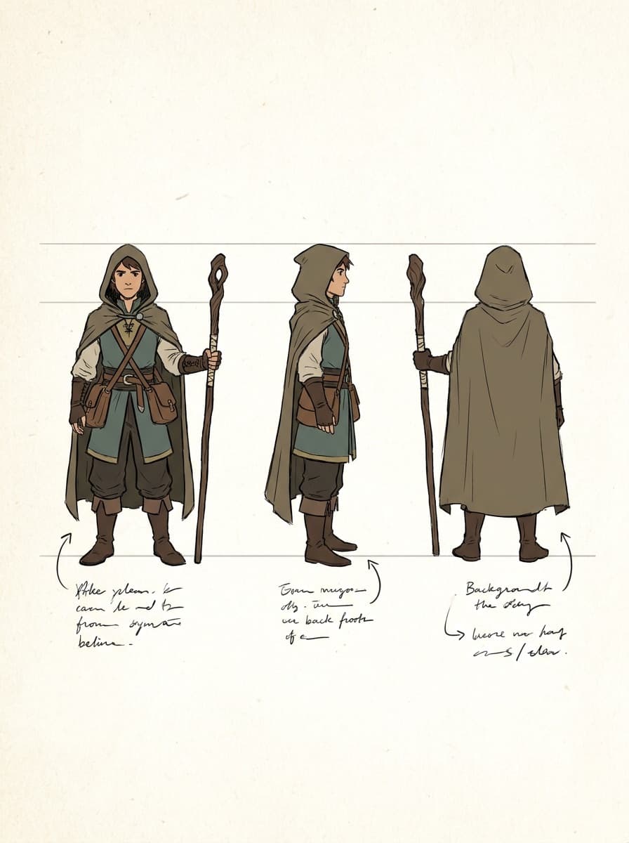 Character turnaround sheet with front, side, and back views in a row