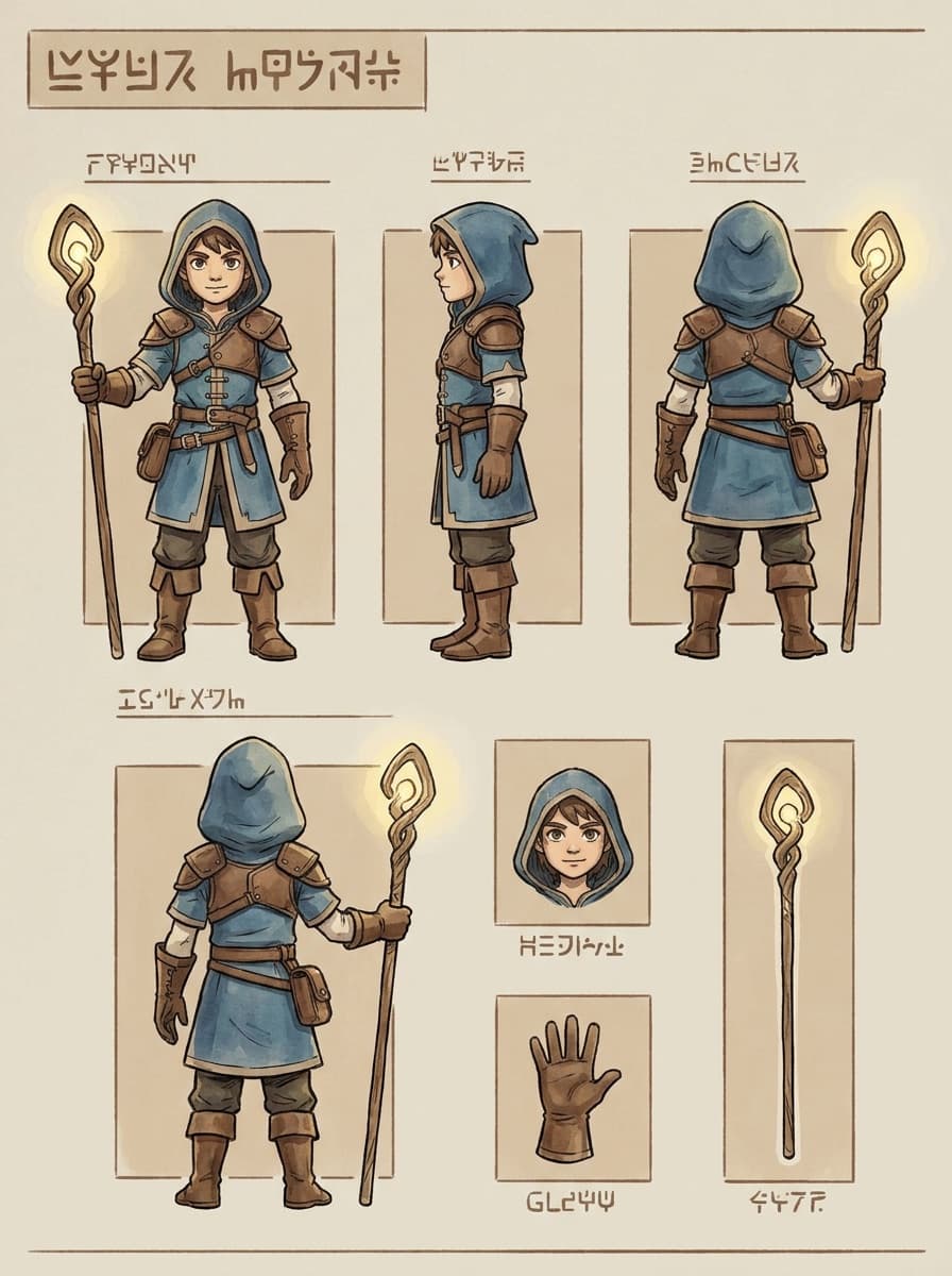 Stylized game character shown in multiple consistent views