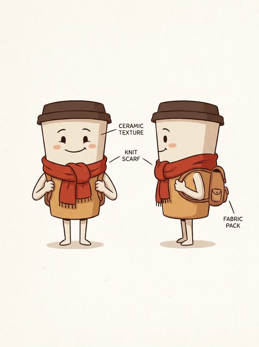 Brand mascot rendered in front and side views