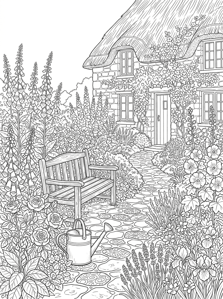Detailed cottage garden coloring page with fine black line art and white fill