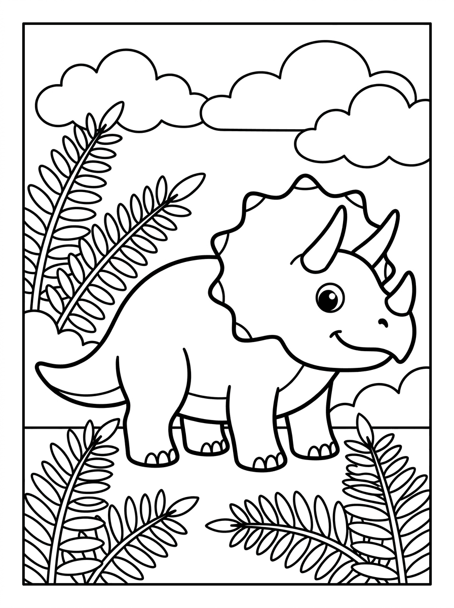 Simple black-and-white coloring page of a smiling dinosaur with thick outlines and white fill