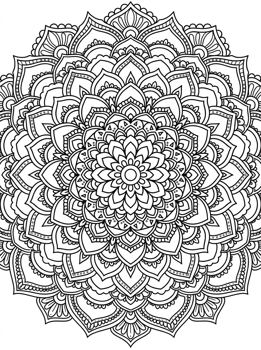 Intricate circular mandala coloring page in crisp black linework on white