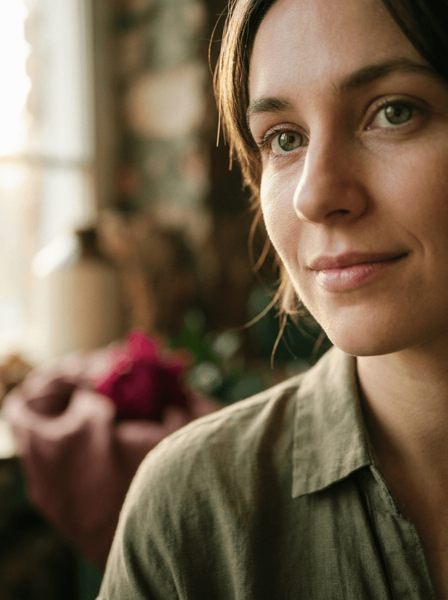 Close portrait with the subject’s eyes recolored to a natural green