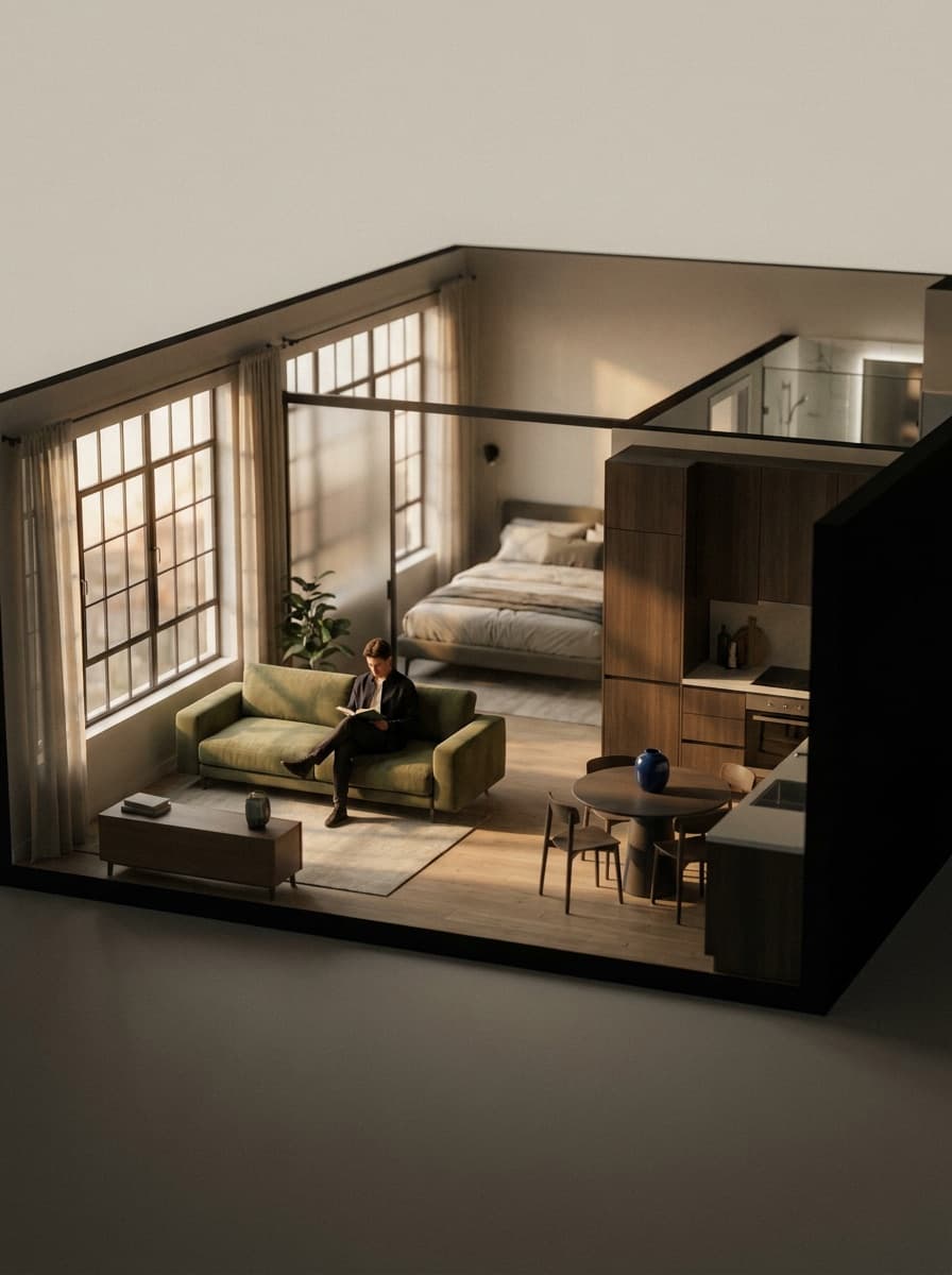 2D floor plan rendered as a furnished 3D cutaway overview