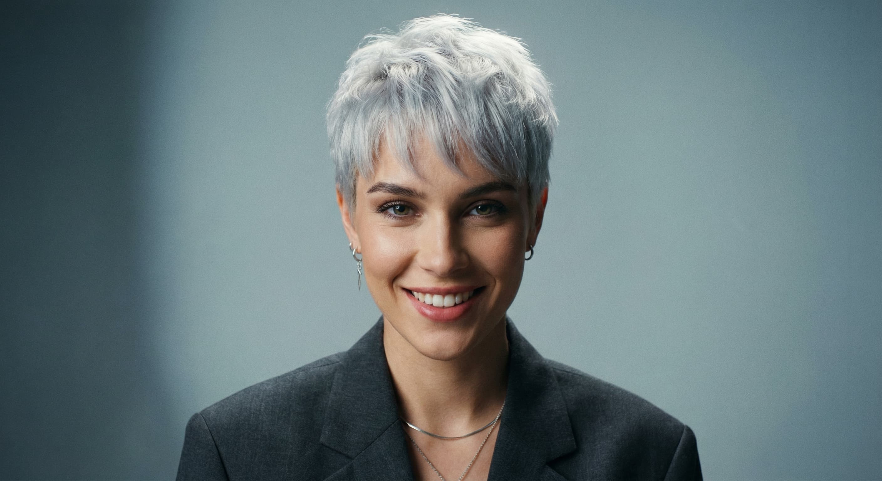 Portrait with hair recolored to a bold fashion shade, face and background unchanged