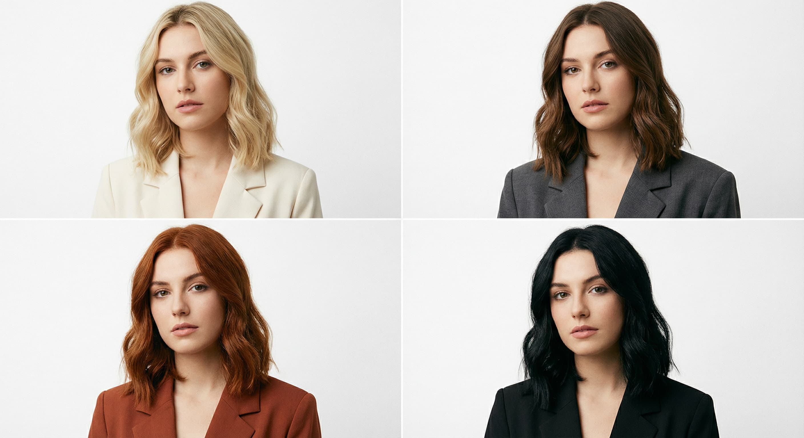 The same portrait shown in several different hair shades for comparison