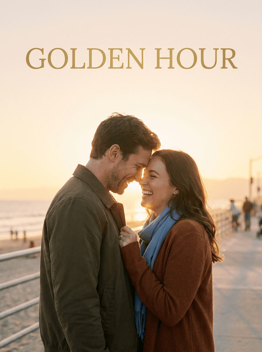 Couple photo styled as a warm romance movie poster at sunset