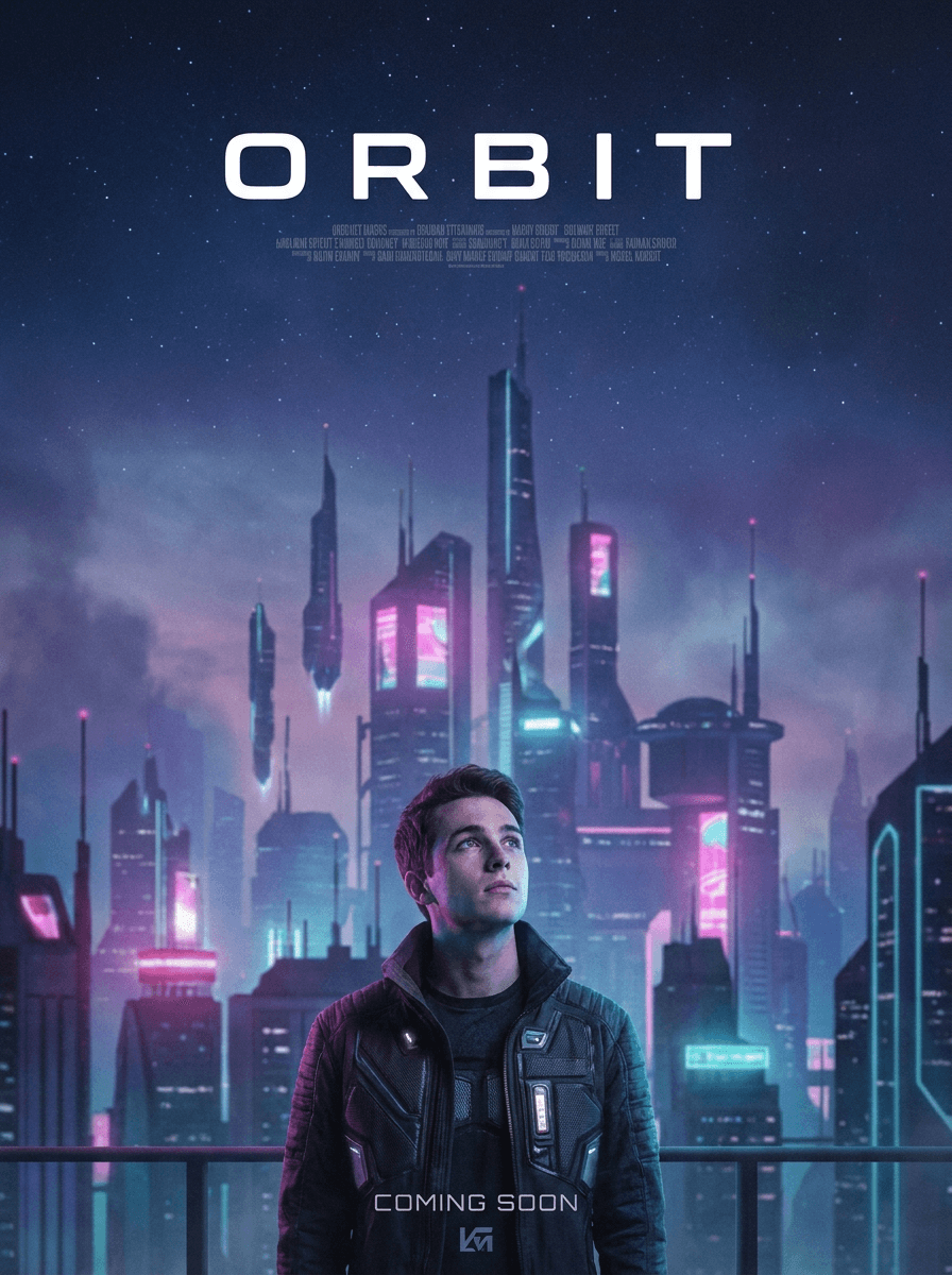 Portrait composed into a neon-lit sci-fi movie poster with a futuristic skyline