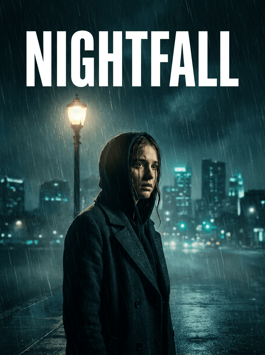 Photo transformed into a dark thriller movie poster with rain and dramatic shadows