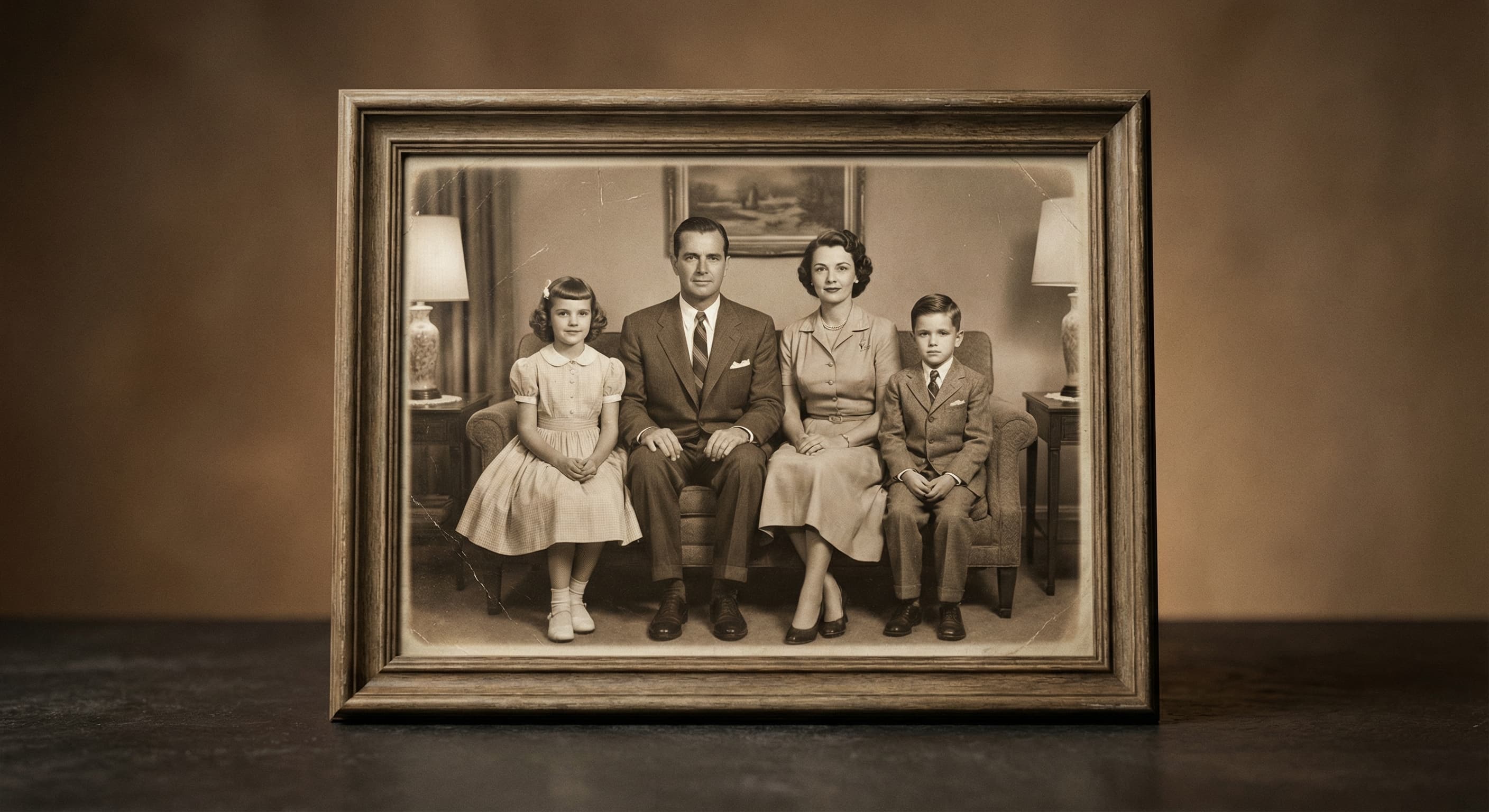 Restored family photograph with improved contrast and detail