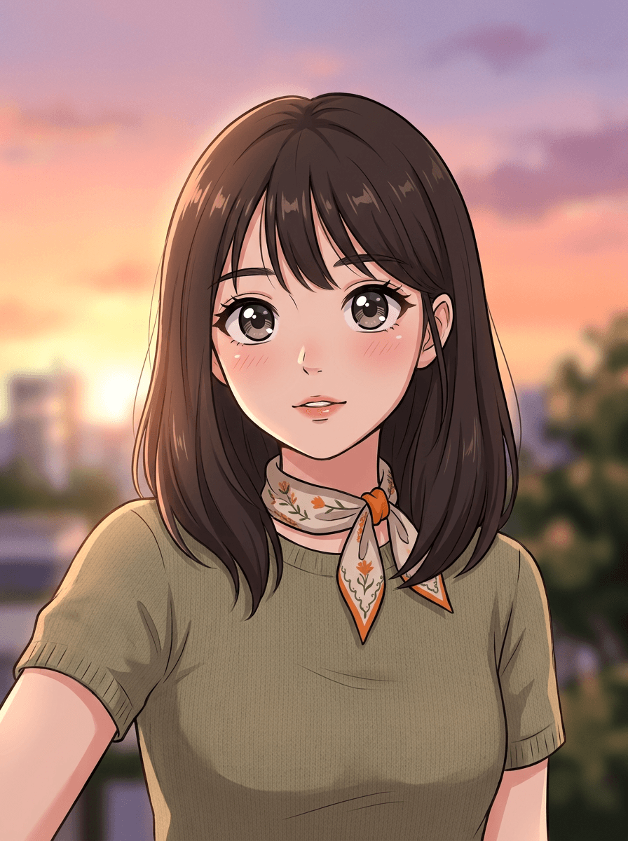 Selfie redrawn as an anime-style portrait illustration with cel shading