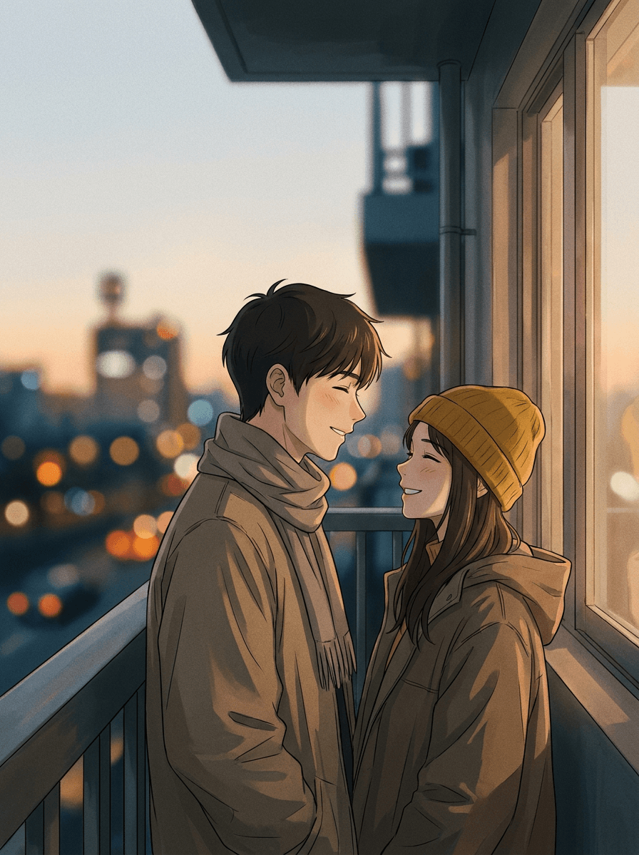Couple photo restyled as an anime illustration with the same pose and framing