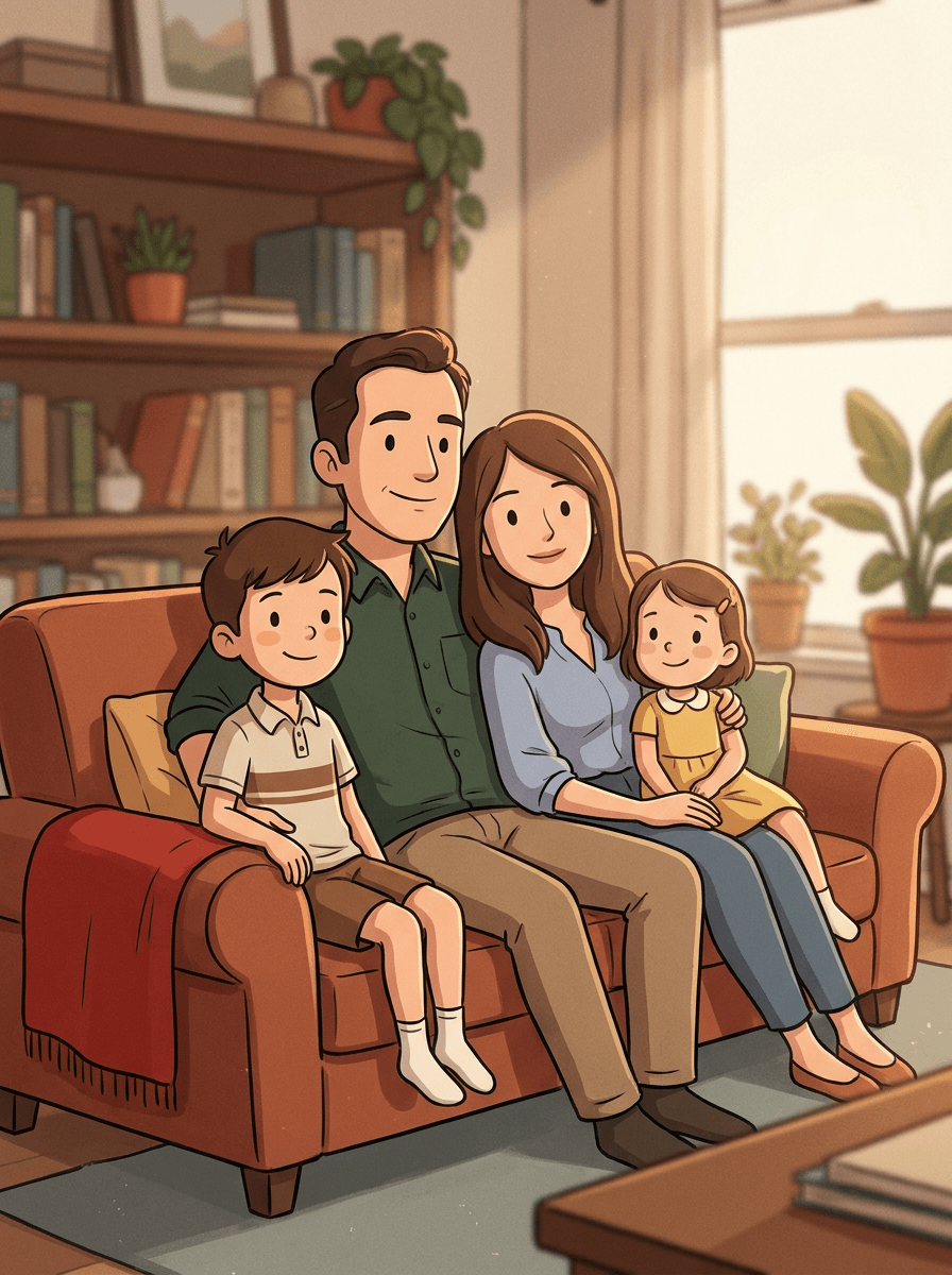 Family portrait redrawn as a colorful cartoon illustration with the same arrangement