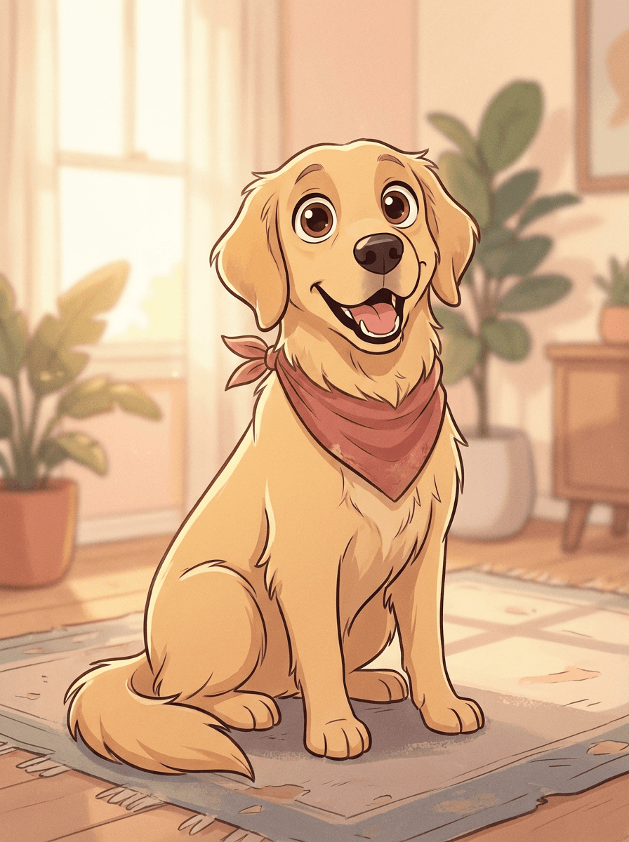 Dog redrawn as a friendly cartoon character in the same pose