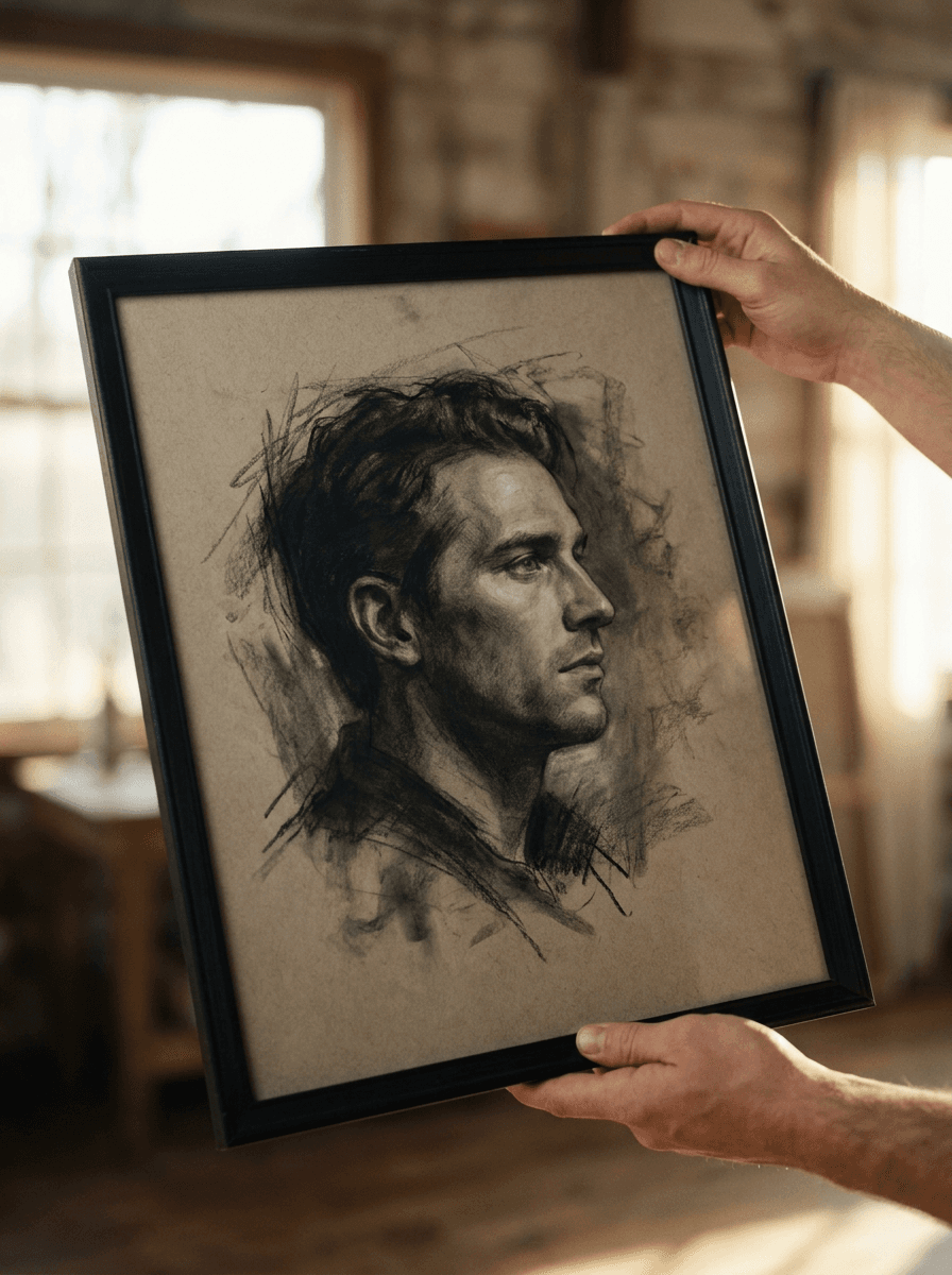 Photo restyled as a soft charcoal drawing with smudged shading