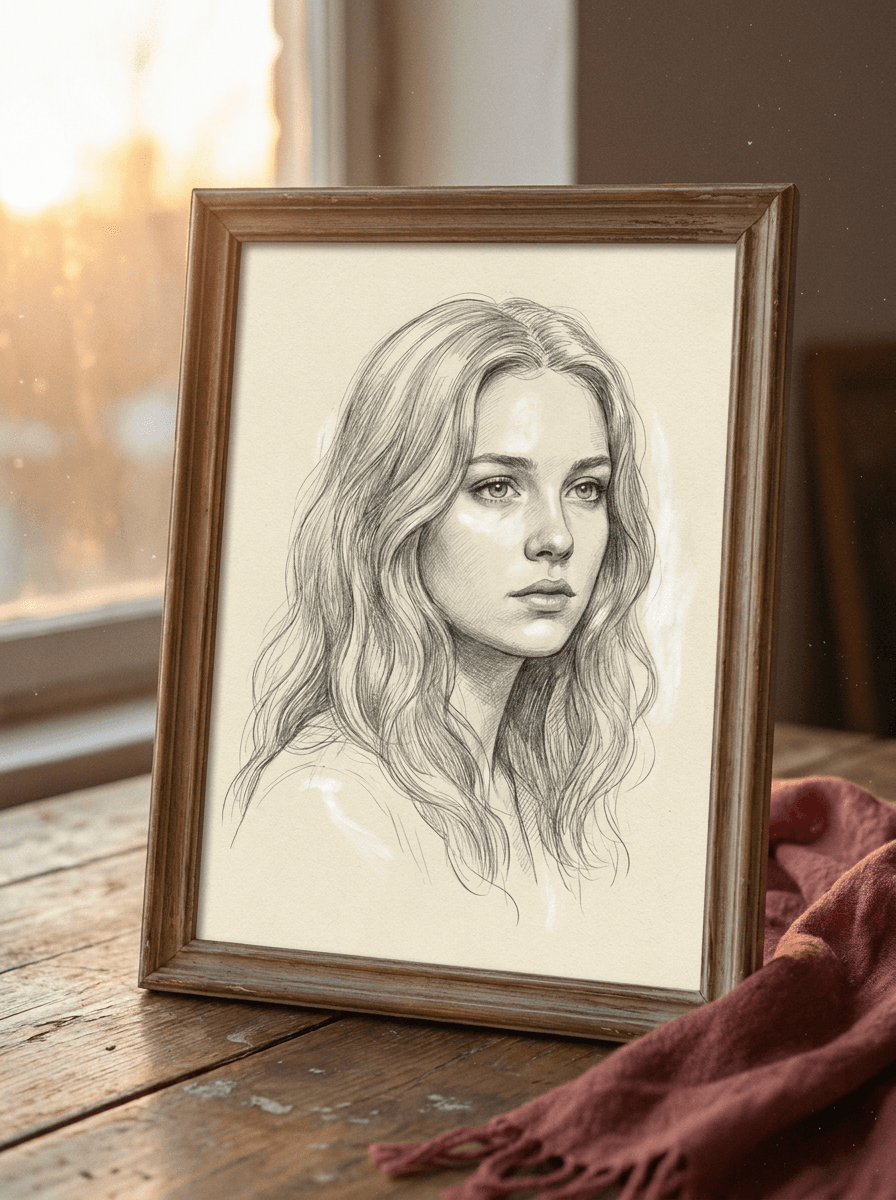 Portrait photo redrawn as a detailed graphite pencil sketch