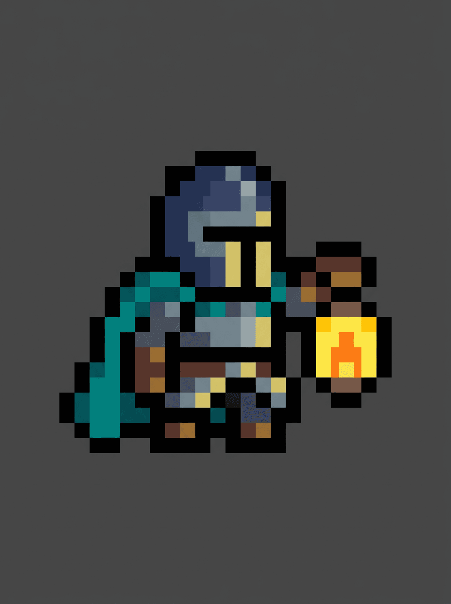 Pixel art knight character with a teal cape and lantern on a plain dark background