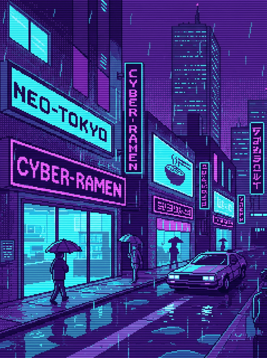 Sixteen-bit style pixel art of a rainy neon city street at night in purple and cyan