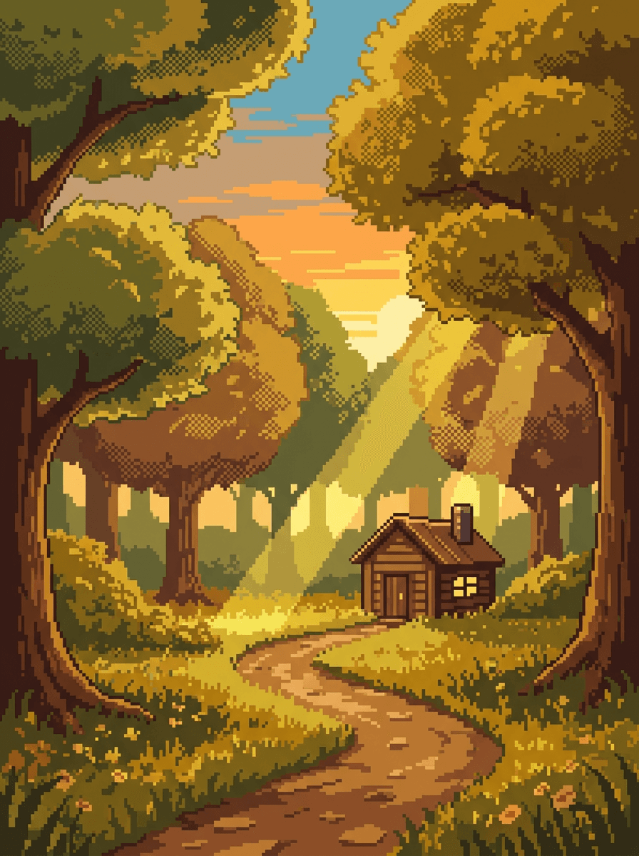 Pixel art forest clearing with layered canopies, dithered shading, and a small cabin