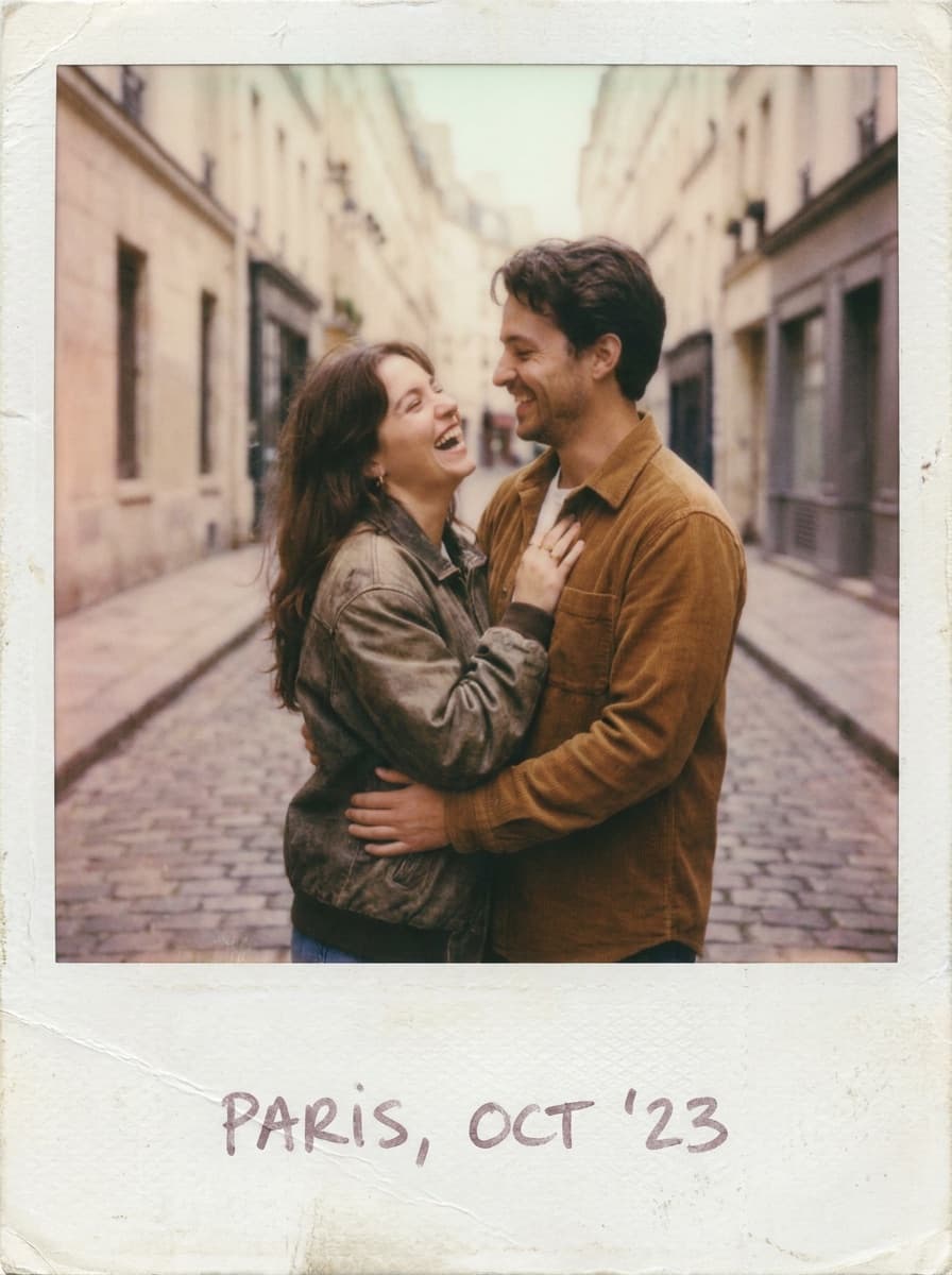 Candid couple photo with faded romantic instant-photo tones