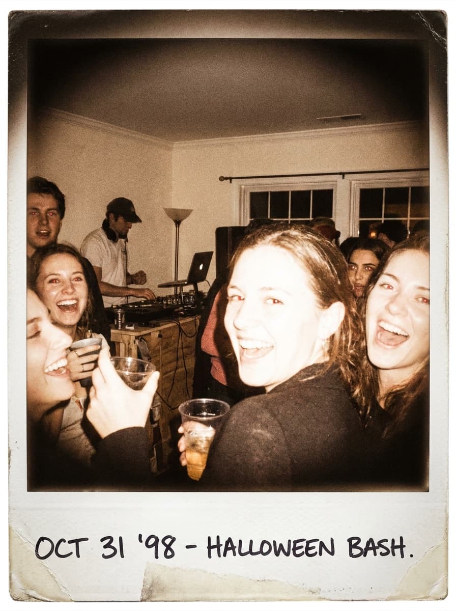Night party photo with harsh instant-camera flash look