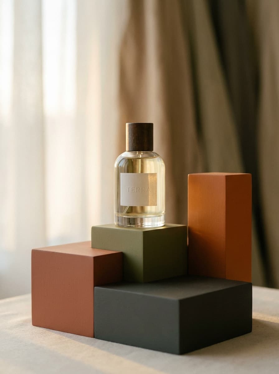 Fragrance bottle on a color-blocked pedestal backdrop