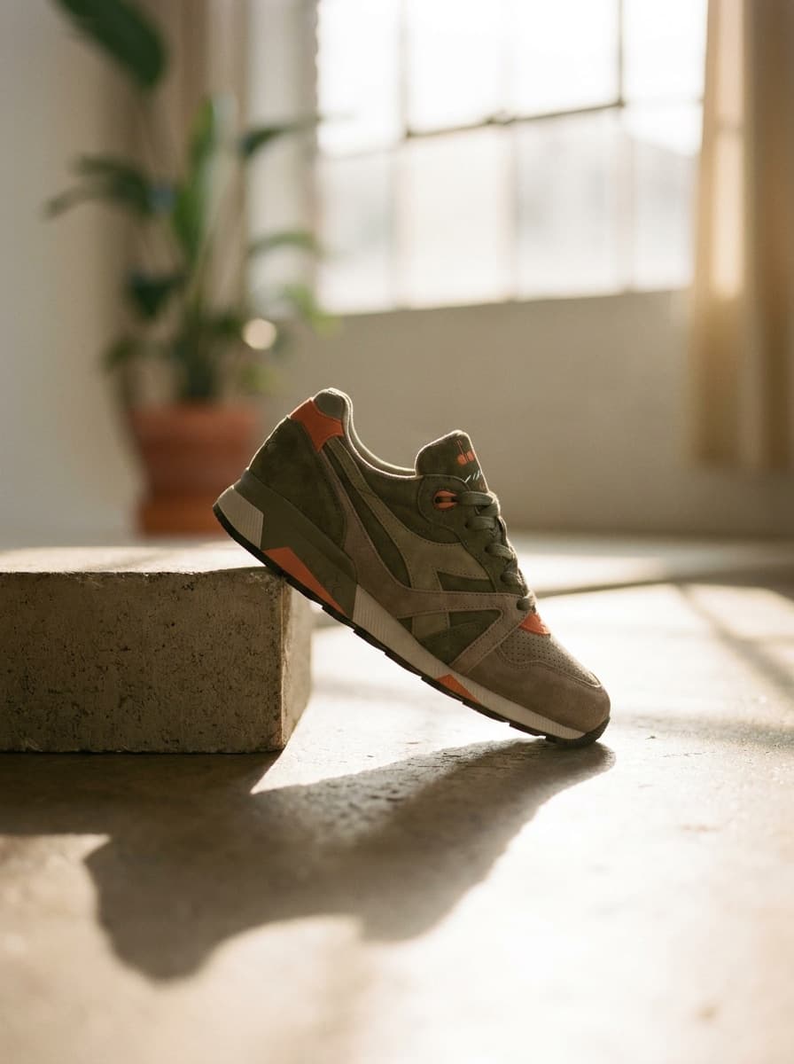 Sneaker packshot with a low hero angle and clean shadow