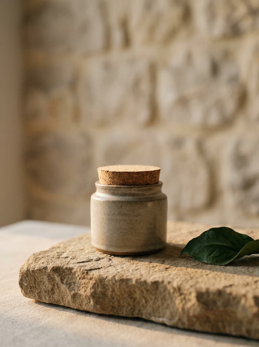 Skincare jar staged on stone with soft natural shadows