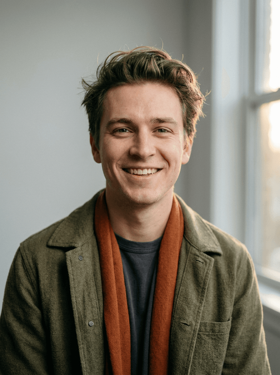Casual photo cleaned up into a bright, friendly profile picture with a tidy backdrop