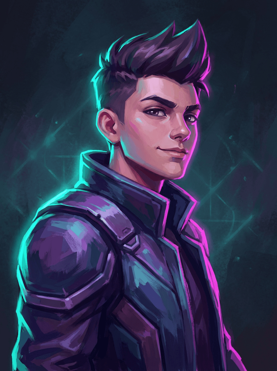 Photo restyled as a bold illustrated gaming avatar with dramatic lighting