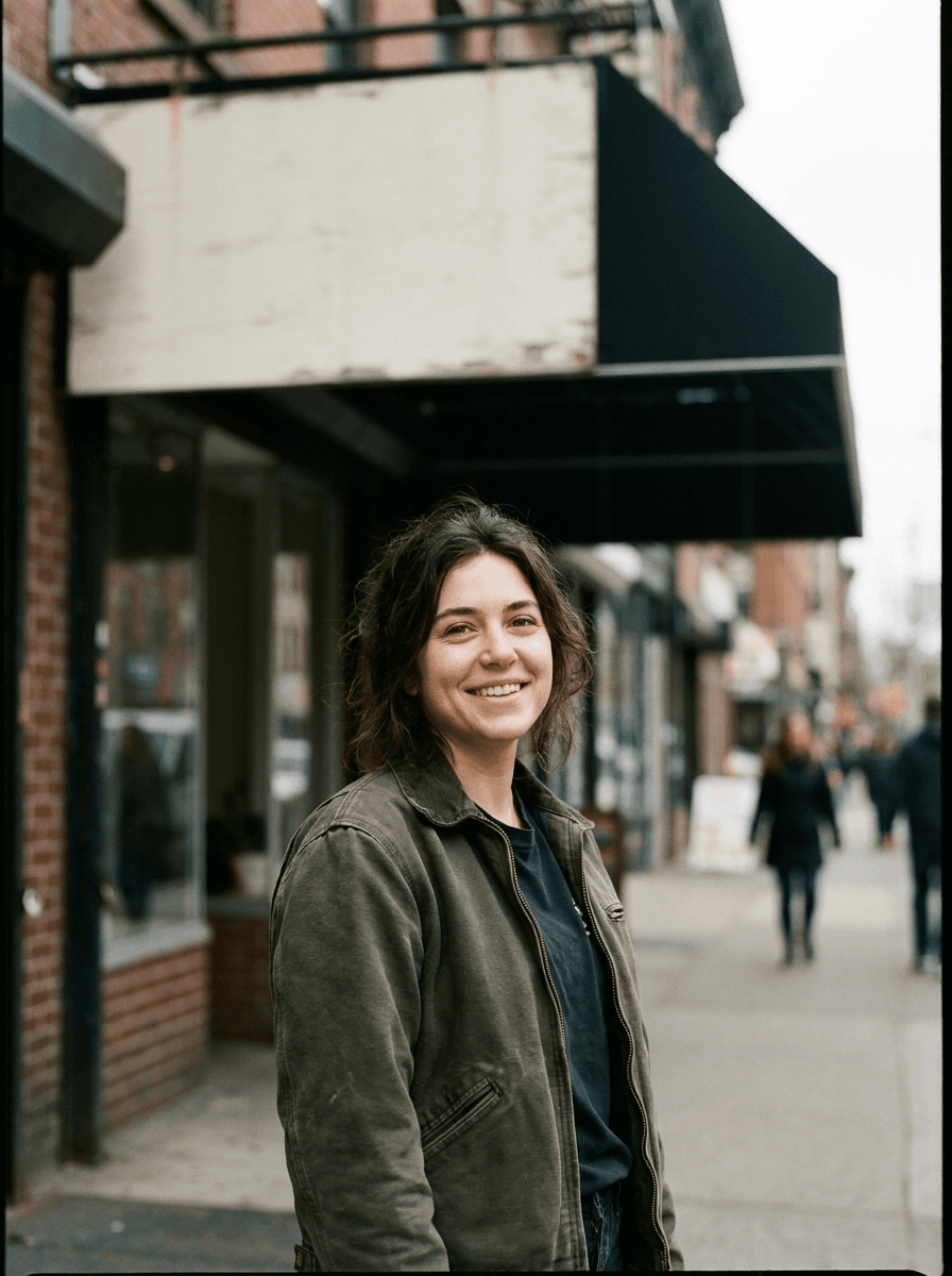 Street portrait where the sign behind the subject now shows a blank surface instead of lettering