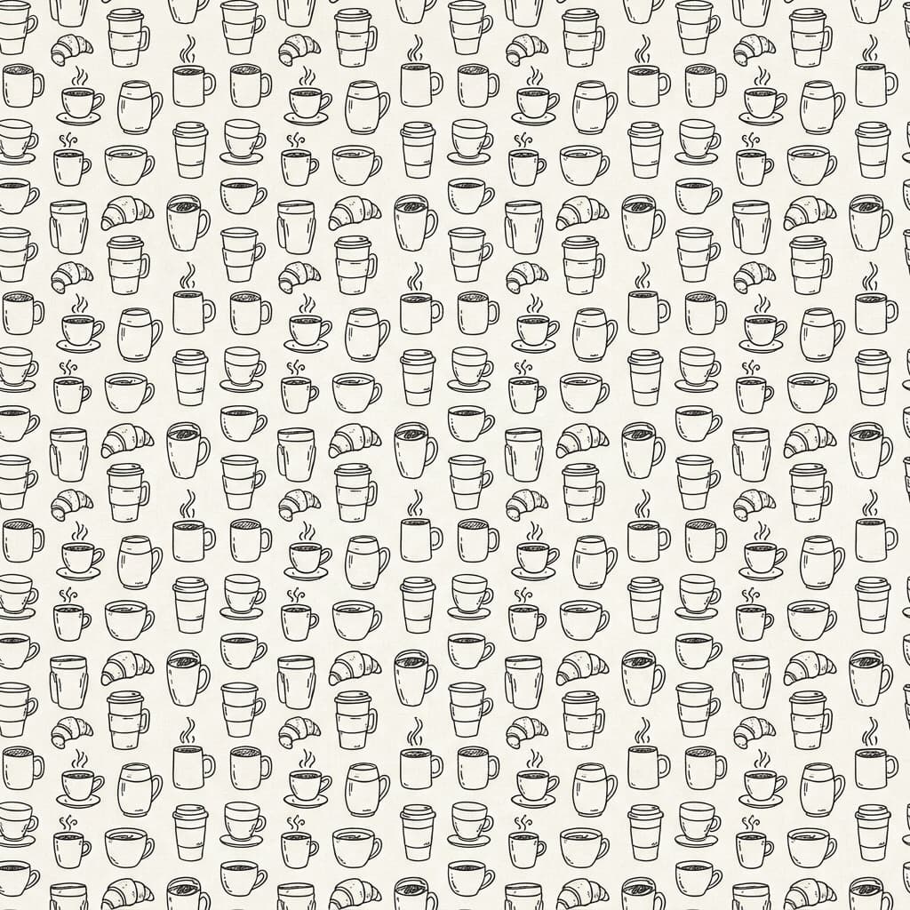 Repeating doodle pattern of coffee and pastries