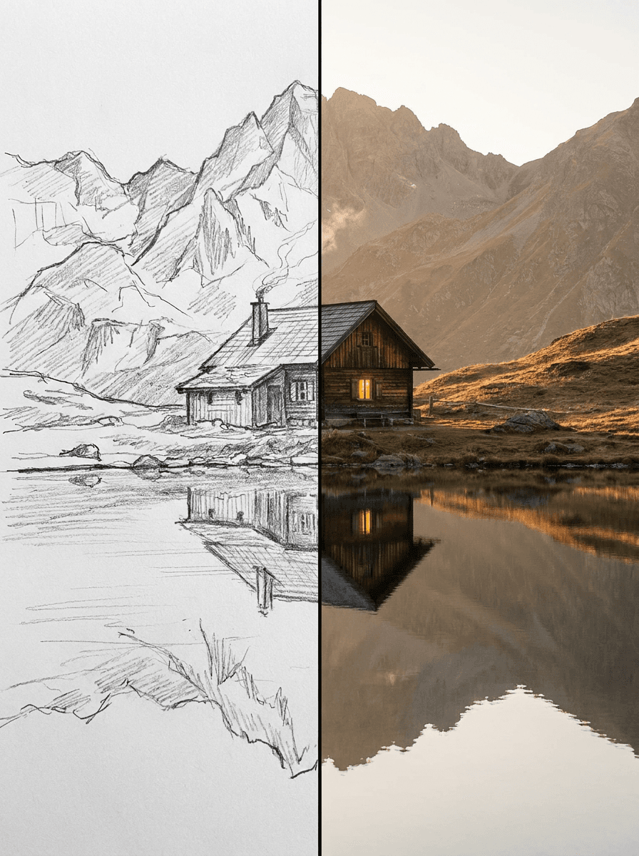 Side-by-side of a rough pencil sketch and the photorealistic image rendered from it