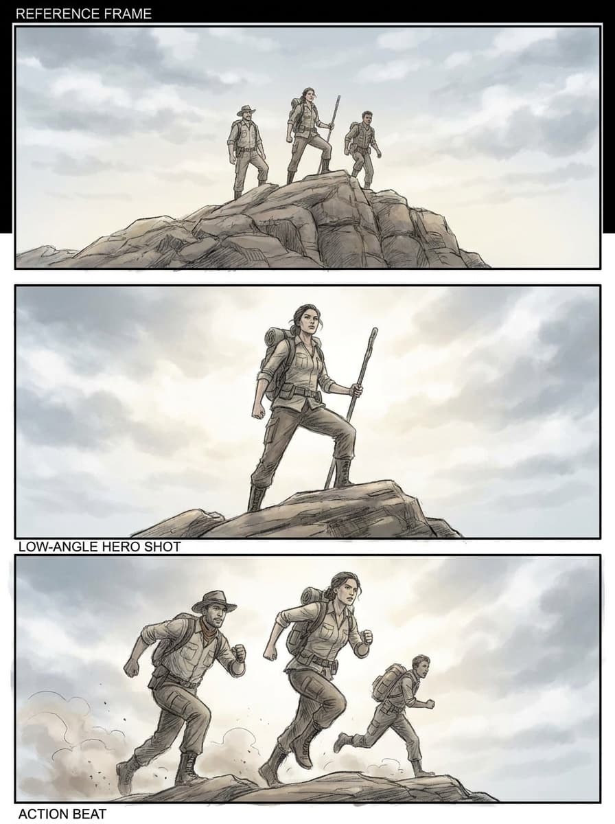 Low-angle hero shot generated from a reference frame